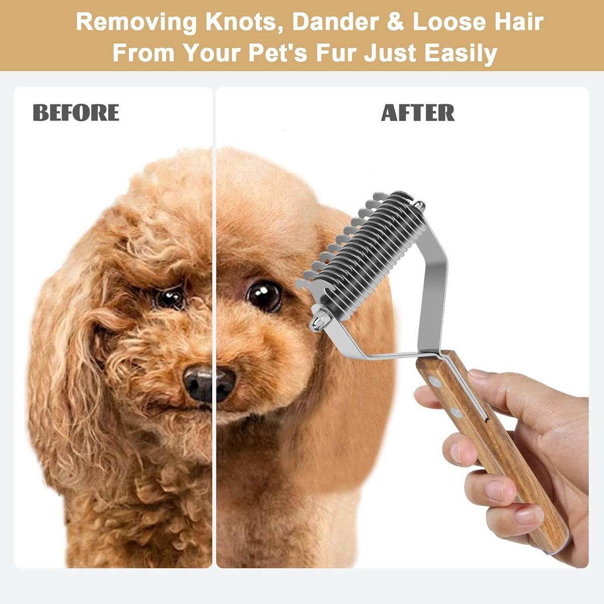 Undercoat Rake for Dogs - Dual-Sided Deshedding Blade, Wooden Handle, Professional Pet Grooming Tool with Matting Remover & Shedding Control for Double Coat Dogs & Long-Haired Cats, Large