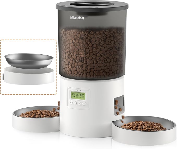 Automatic Cat Feeder for 2 Cats, 4.2L Dual Food Dispenser, Up to 6 Meals/Day, Portion Control, Voice Message, Dual Power Options (Transparent+White, Dual Stainless Steel Bowls)