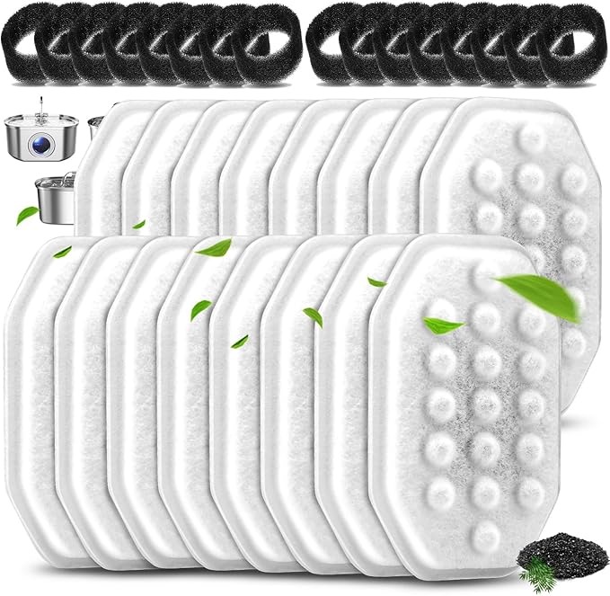 8 Pack Replacement Filters & 8 Pack Pre-Filter Sponges Set for 3.2L/108oz Pet Cat Water Fountain, Pet Fountain Filter Replacement (16 Filters & 16 Sponges)