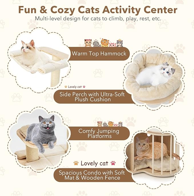 Tangkula Wood Cat Tree for Indoor Cats, 55 Inch Multi-Level Cat Tower Activity Center with Hammock, Cat Condo, Sisal Scratching Posts & Washable Cushions, Modern Cat Tree Houses for Large Cats