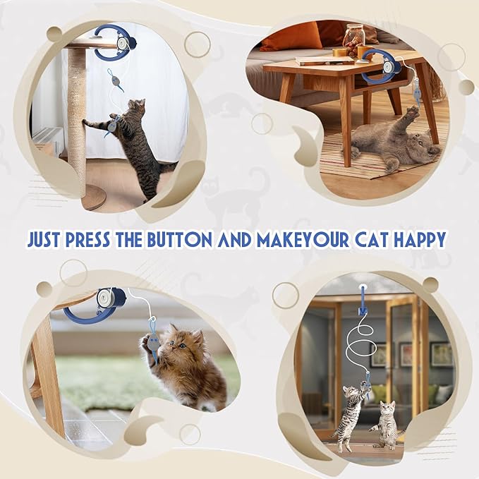 Cat Toy Interactive for Indoor Cats, Smart USB Rechargeable Door Hanging Automatic Retractable Kitten Toys, Teaser Electronic Self Play Feather Cat String Toys Attached with 3 Catnip Mice Blue