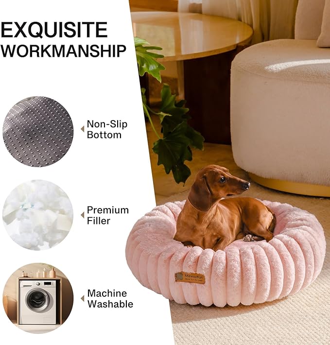 MEWOOFUN Donut Dog Beds for Small Dog, Calming Bed Round Cute Puppy Bed with Non-Slip Bottom, Fluffy Washable Pet Bed for Puppy and Kitten (Pink, XS (20x20x6))