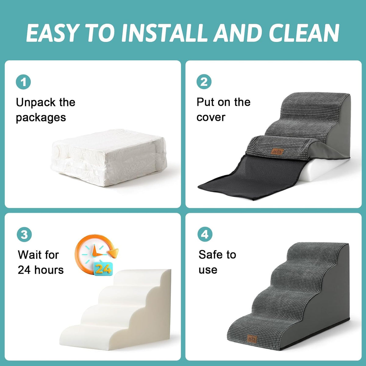 Dog Stairs for Small Dogs 15.7" H, Curved Dog Step for Puppy, Older Cat, Medium Pet Ramp for Sofa, Couch or Chair, Ladder with High Density Foam, 15.7x22.4x15.7 inch, 3 Step, Dark Grey