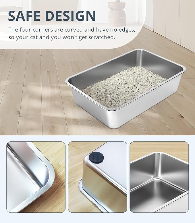Stainless Steel Cat Litter Box, 4in Shallow Litter Box for Senior Cats and Kittens, Extra Large Metal Litter Pan Nonstick Odor Control Anti-Corrosion