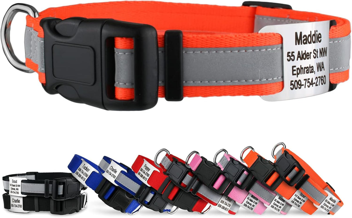 GoTags Reflective Personalized Dog Collar with Nameplate, Adjustable Dog Collar with Custom Engraved Steel Slide On Pet ID Tag, Silent, No Noise Dog Tag for Large Medium or Small (Orange, Medium)
