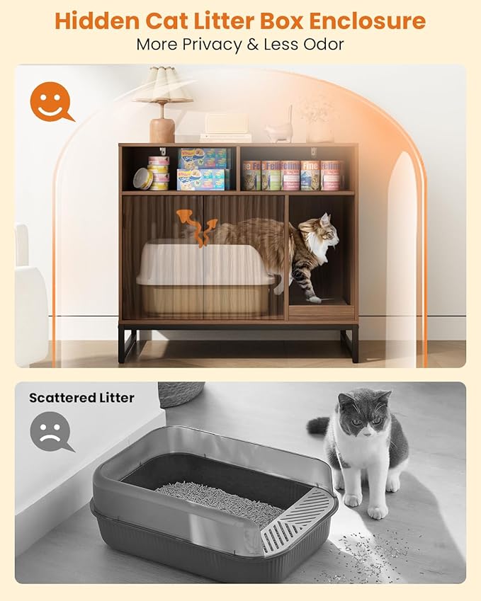 Cat Litter Box Enclosure, Large Hidden Pet Storage Cabinet Furniture with Waveform Fluted Doors & Scratching Pad, Modern Wooden Cat House Indoor for Washroom, Living Room, Bedroom, Rustic Brown