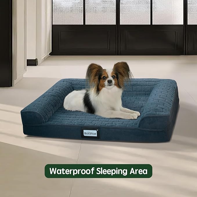 BALANCE Orthopedic Dog Bed, Egg Crate Foam Dog Couch for Pet Sleeping, Pet Sofa with Removable Washable Cover & Waterproof Lining, Comfy Dogs Bed for Small Dogs, Blue