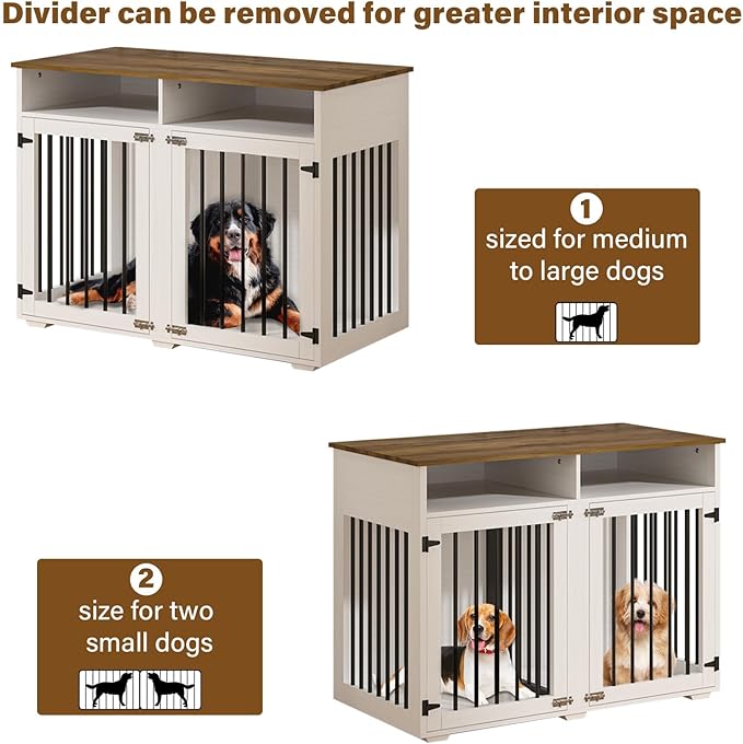 Furniture Dog Crate for 2 Dogs, 41 Inch Dog Kennel Furniture with Removable Divider and Shelf Storage, Wooden Dog Crate for Small/Medium Dogs, White