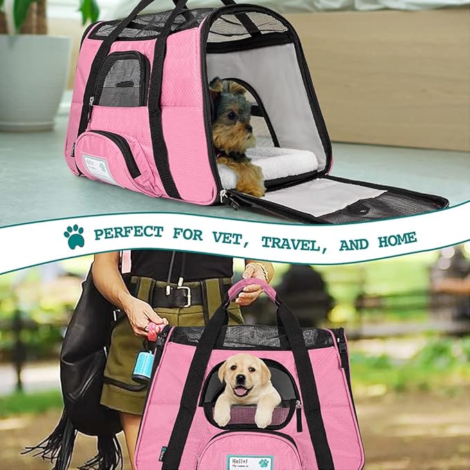 PetAmi Airline Approved Pet Carrier for Cat, Soft Sided Dog Carrier for Small Dogs, Cat Travel Supplies Accessories for Indoor Cats, Ventilated Pet Carrying Bag Medium Large Kitten Puppy, Small Pink