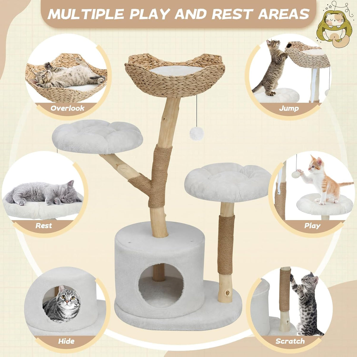 Modern Cat Tree Tower, Solid Wood Multi-Level w/ 2 Flower Perches, Scratching Post, Hanging Ball - Luxury Boho Cat Furniture w/Condo & Wicker Basket for Indoor Cats