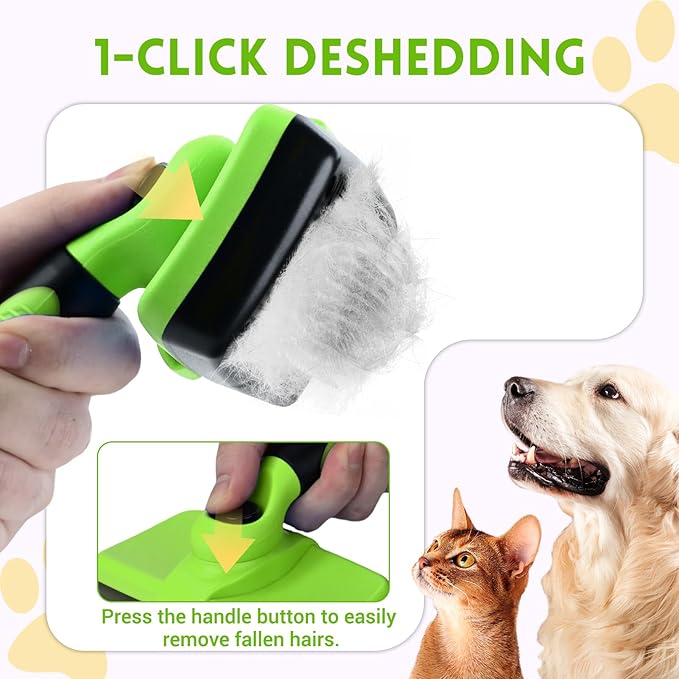 Large Self Cleaning Deshedding Brush for Dogs & Cats - One Button Hair Release Grooming Tool, Gentle Massage Brush for Long and Short Hair (Green)
