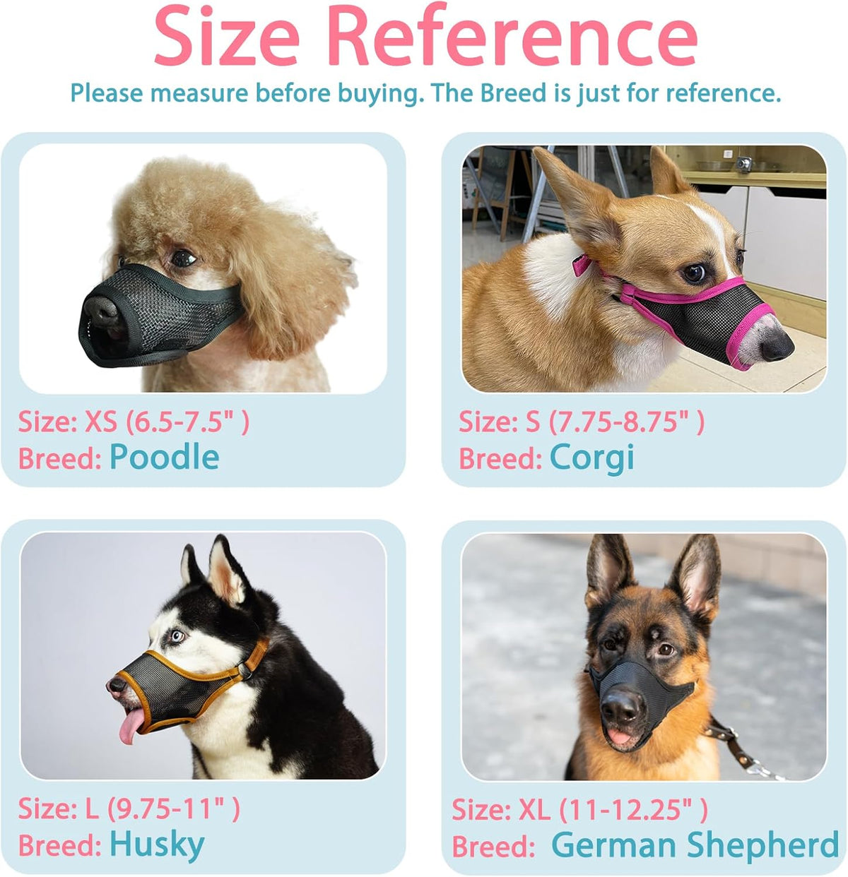 LUCKYPAW Dog Muzzle, Mesh Muzzle for Large Medium Small Dogs, Soft Mouth Guard for Biting Chewing, Breathable Mouth Guard with Adjustable Strap for Training (Black, M(Snout:8.75"-9.5"))