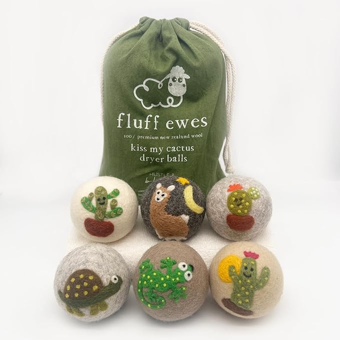 Fluff Ewes Wool Dryer Balls 6 Pack Premium New Zealand Wool Laundry Balls for Dryer, No Static Dryer Balls Laundry Reusable, XL Wool Dryer Balls Cute, Baby Dryer Balls for Dryers - Kiss My Cactus