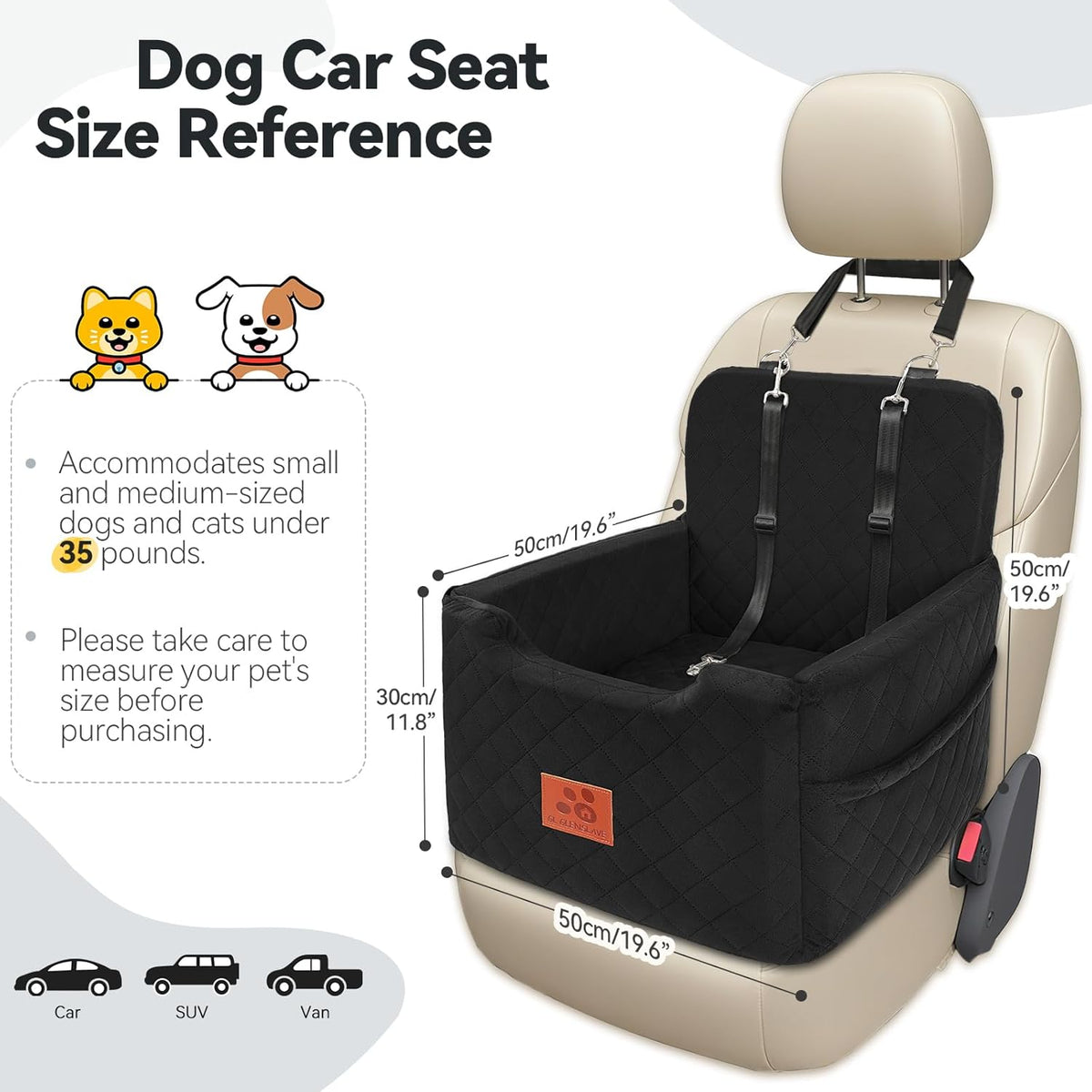 Dog Car Seat for Small/Medium Dogs Under 35lbs,Memory Foam Dog Booster Seats,Detachable and Washable Traval Pet Car Seat,Dogs Bed with 2 Safety Belts(Balck)
