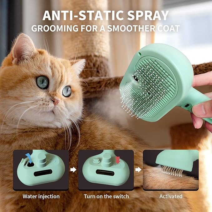Cat Steam Brush for Shedding, 3 In 1 Steam Pet Brush Self Cleaning, Dog Brush for Long and Short Hair Dogs and Cats, Pet Grooming Comb Remove Tangled Loose Hair, Type-C Fast Charging (Green)