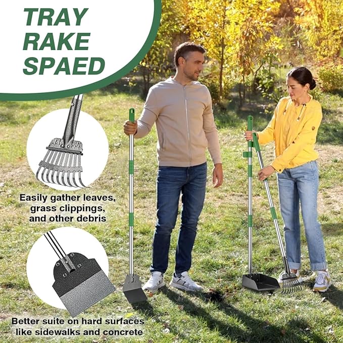 Pooper Scooper, Long Handle Dog Pooper Scooper, Heavy Duty Stainless Steel Rake with Tray & Spade Set for Pet Waste Removal, for Grass, Dirt or Gravel - Green