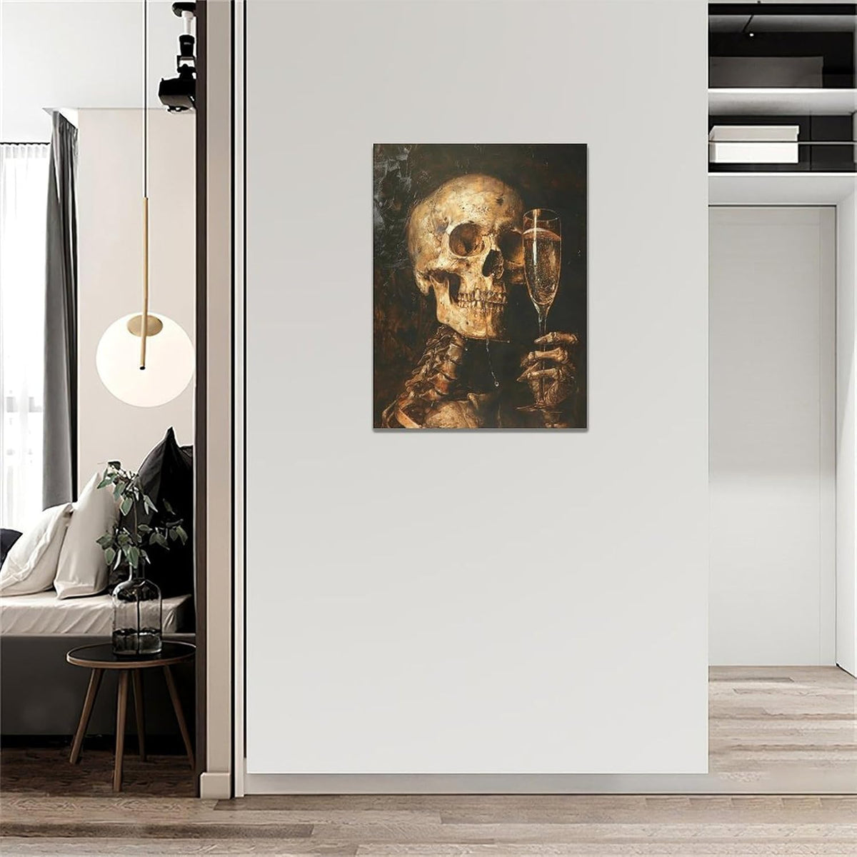 Quorin Gothic Skeleton Wall Art Goth Skull Champagne Wall Decor Dark Academia Pictures Horror Canvas Print Painting Artwork for Bathroom Living Room Bedroom 12"x16"