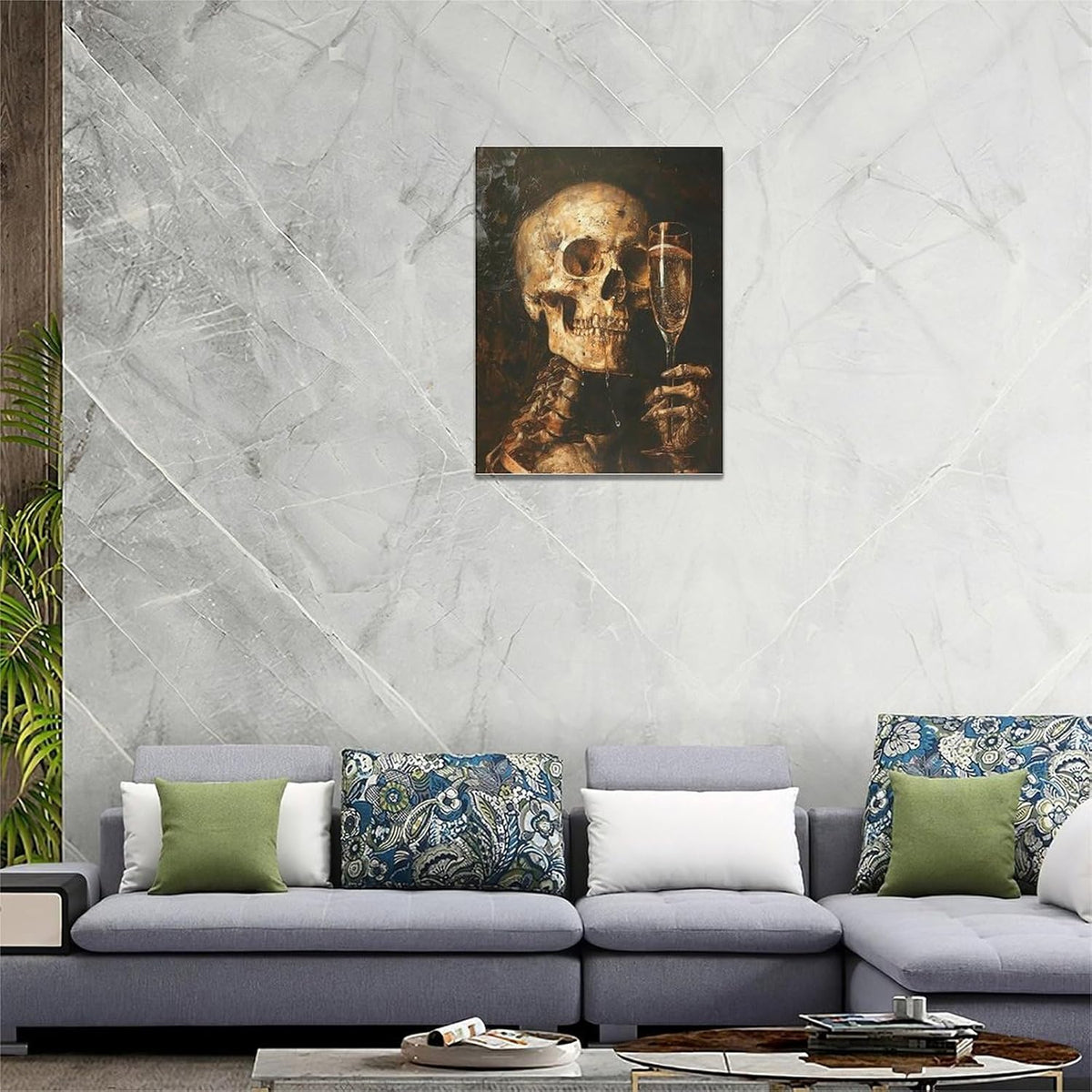 Quorin Gothic Skeleton Wall Art Goth Skull Champagne Wall Decor Dark Academia Pictures Horror Canvas Print Painting Artwork for Bathroom Living Room Bedroom 12"x16"