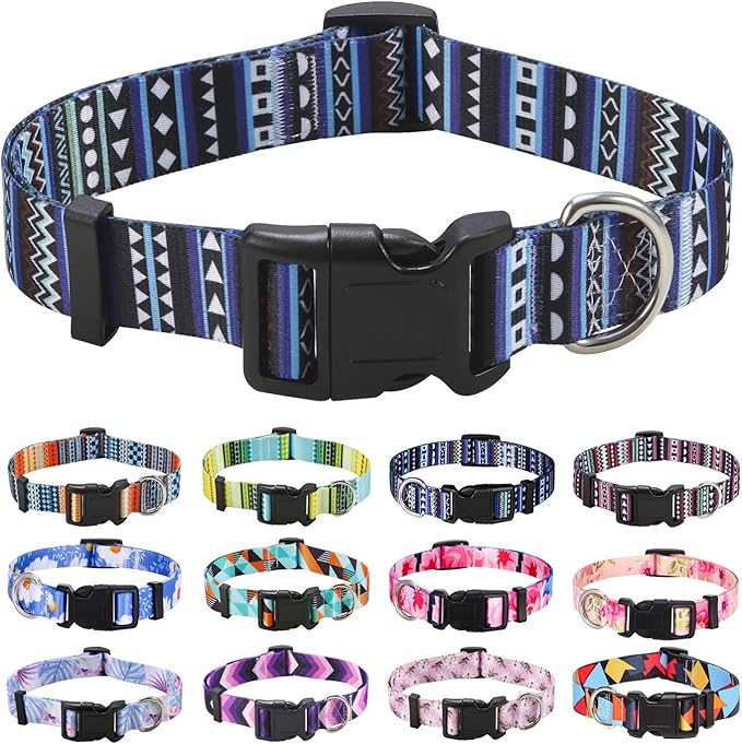 Dog Collar with Bohemia Floral Tribal Geometric Patterns - Soft Ethnic Style Collar Adjustable for Small Medium Large Dogs（Bohemian Blue,S）