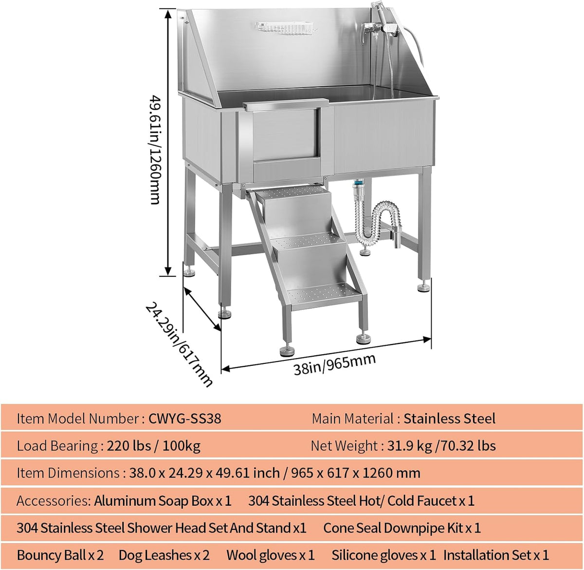 Dog Washing Station 38'' Stainless Steel Pet Grooming Tub for Large Dogs Over-Size Professional Dog Grooming Bathtub Station Wash Shower Sink Pet Grooming Bathtub Station,Left Door