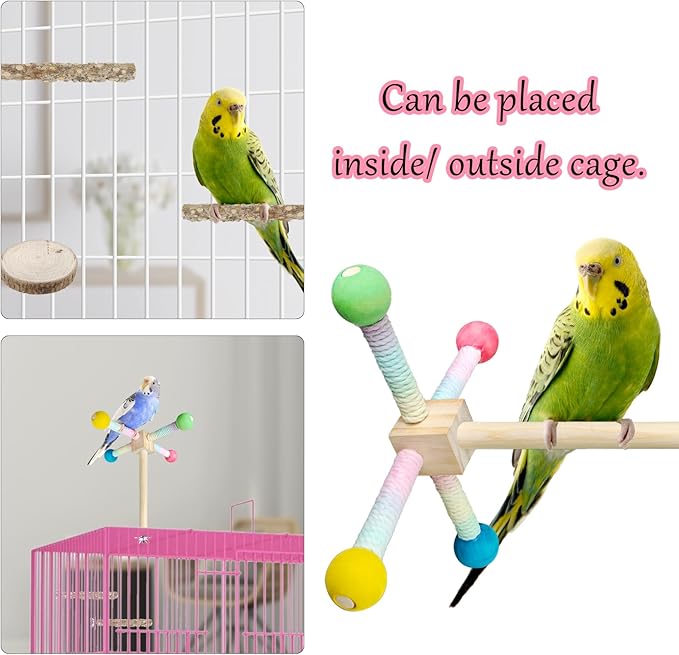 Bird Stand Perch Toy, Parrot 360° Interactive Rotating Parakeet Toys, Wooden Bird Cage Accessories Exercise Wheel Parrot Budgie Toys, Suitable for Cockatiels Lovebirds Conures Finches