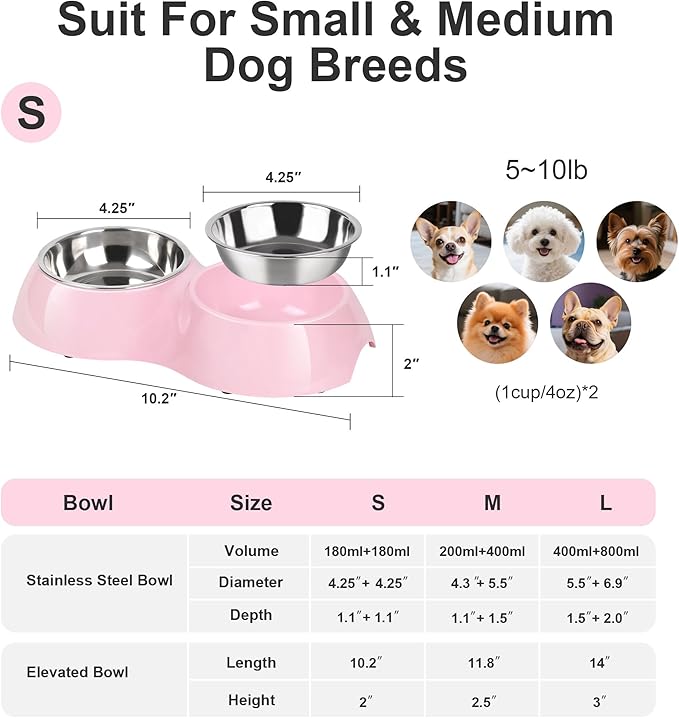 Stainless Steel Dog Bowls Set – Dual Non-Slip Pet Dishes with 2 Small (4oz*2) Bowls & Durable Resin Stand,Food & Water Feeder for Puppies, Kittens, and Small Breed Dogs– Pink