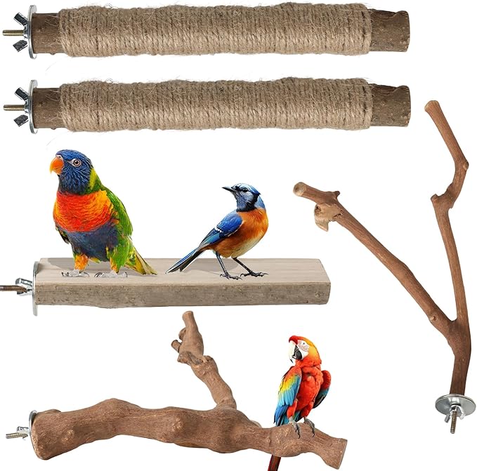 REHALY Large Bird Perch Stand, 5PCS Bird Perch Set - Natural Wood Grape Sticks, Paw Grinding Forks, Stand & Toys for Parakeets, Cockatiels, Conure, Budgies, Birds Cage Accessories