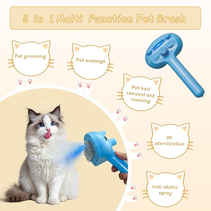 5-in-1 Pet Steam Brush for Cats & Dogs – Grooming, Shedding, Massage & One-Touch Clean for Short & Long Hair Pets – Electric Cat Brush with Comb & Steam (Blue)