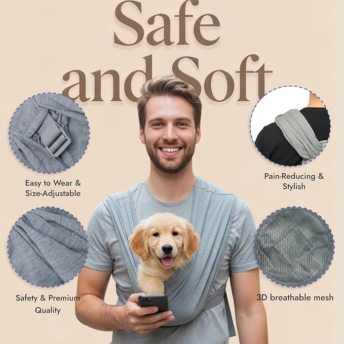 Dog Sling Carrier for Biking,Cat Cocoon Carrier,Pet Front Backpack Sling,Adjustable and Easy to Wear, Reducing Back Pressure (Grey)