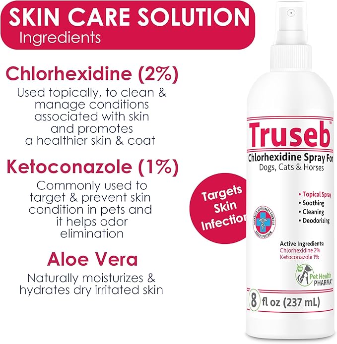 Truseb All Natural Chlorhexidin Sprays Topical Ketoconazole and Chlorhexidine Spray for Dogs, Cats & Horses with Aloe Vera (USA) (Ketoconazole & Chlorhexidine Spray, 8 oz)