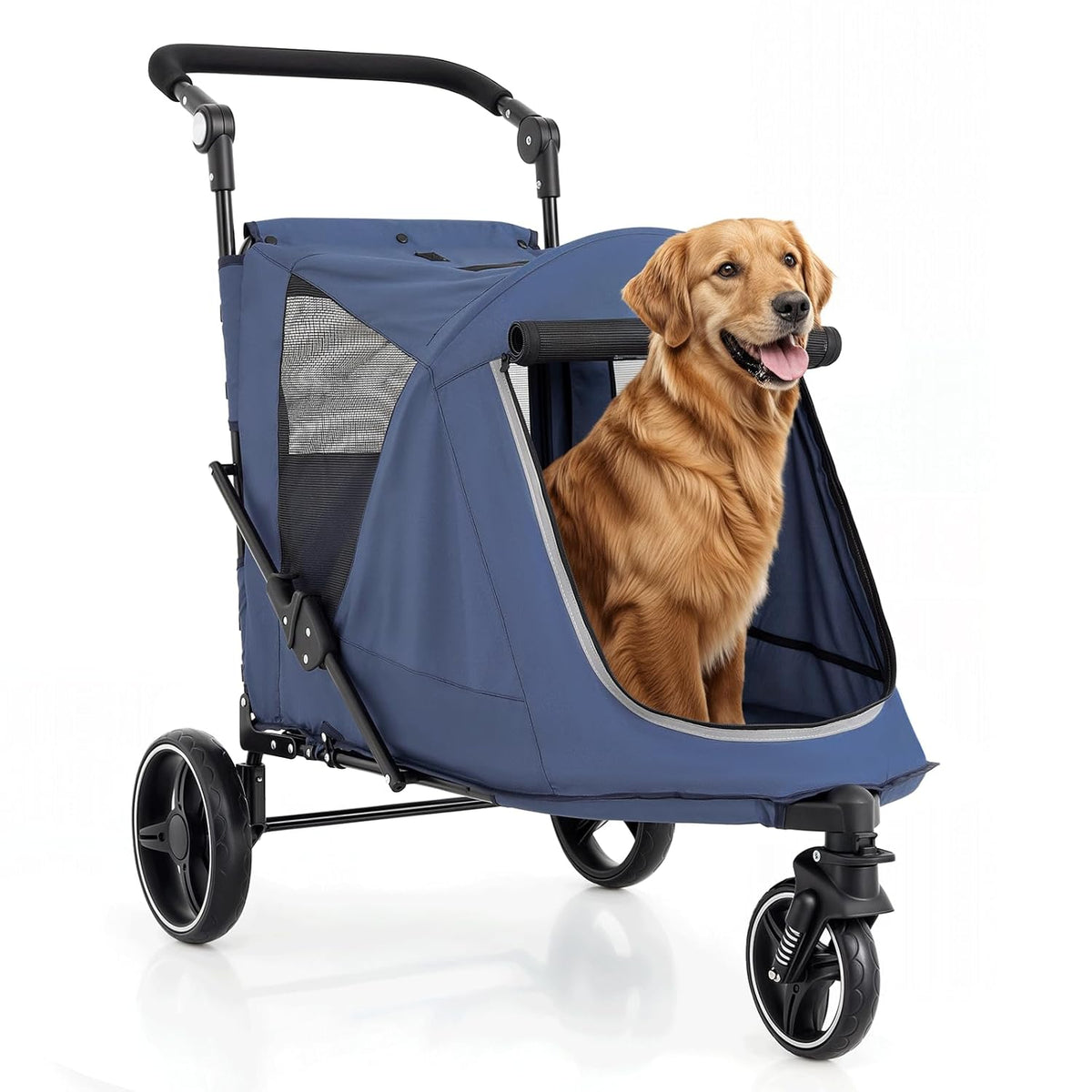 Magshion Pet Stroller for Medium Dogs w/Adjustable Handle, 3-Wheel Dog Cat Wagon w/Dual Entry, Rear Storage, Breathable Mesh, One-Foot Brake, Ideal for Large Pets up to 55 lbs, Navy Blue