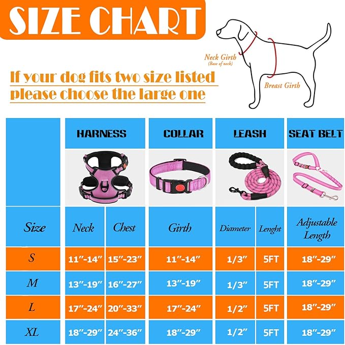 No Pull Dog Harness, Collar & Leash Set | Includes Dog Seat Belt, Collapsible Bowls & Poop Bag Dispenser. Ideal for Training, Walking, Hiking. Fits Small to Large Dogs(Pink-XL)