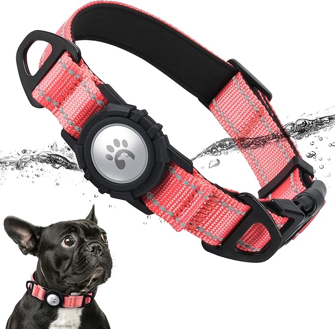 TagME Airtag Dog Collar,Waterproof Reflective Pet Collar with Airtag Holder,Soft Padded and Double D-Rings for Small Dogs,Baby Pink