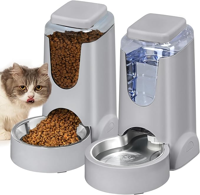 HWONMTE Portable Automatic Cat Feeder and Water Dispenser with Stainless Steel Bowl Dog Gravity Food Feeder and Waterer for Small Medium Pets Puppy Kitten 1 Gallon x 2 (Silver Gray)