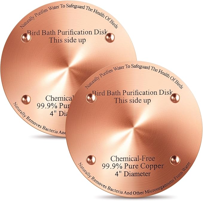 2 Pcs Bird Bath Copper Disk, 0.6mm Thick Reinforced 99.99% Pure Copper Birdbath Purification Disk, with 4 Point Support for Outdoor Birdbaths Bowls Cleaner, 4 Inch (Classic)