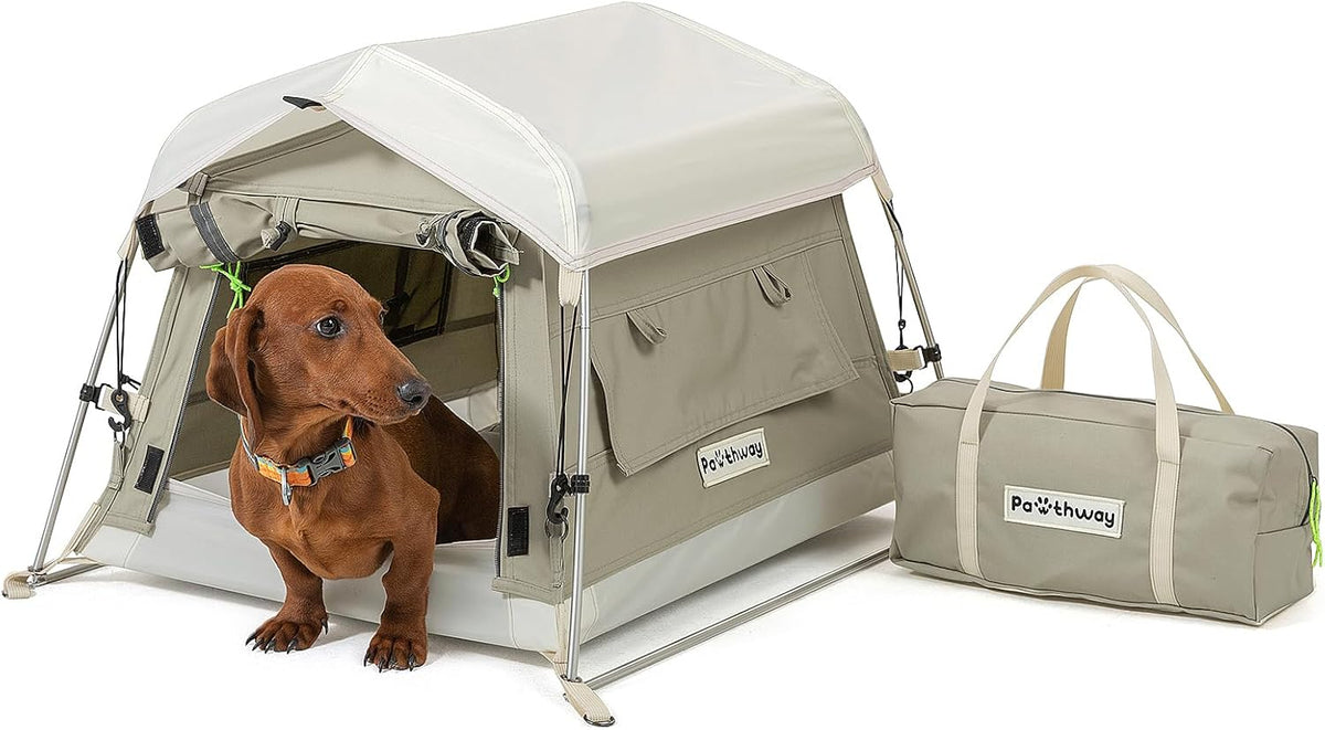 Dog Tent Cotton Fabric, Aluminum Poles and Camping Mat, Outdoor Weatherproof, Dog House Outdoor, Breathable with 2 Side Windows, Portable and Collapsible (Gray, Small)