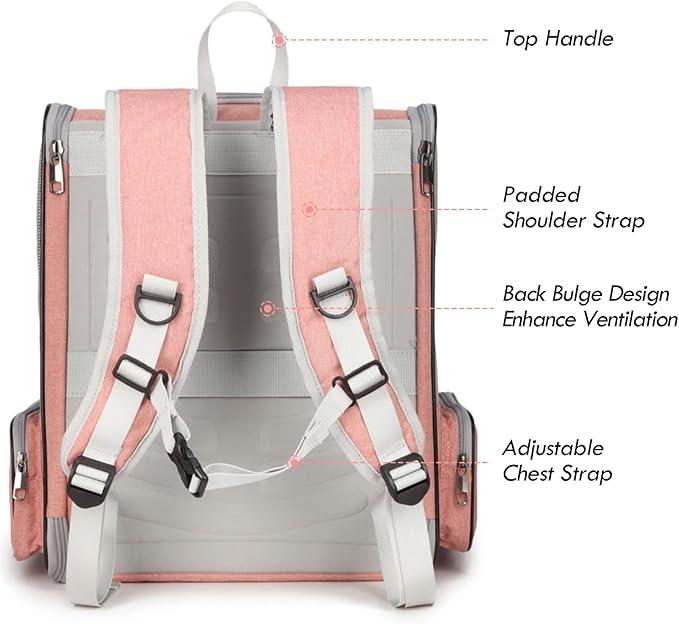 Cat Backpack Carrier, Large Pet Backpack with Kitten Wand Feather Toy for Medium Small Dog Cat Puppy Kitty Bunny up to 15lbs, Ventilated Mesh Dog Travel Carrier for Hiking Walking Outdoor Use (Pink)