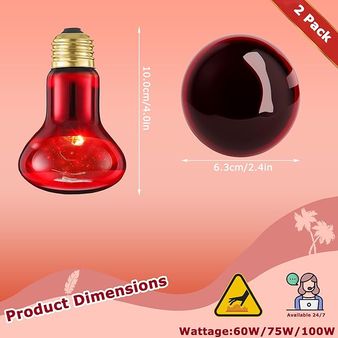 60W Red Infrared Heat Lamp Bulb for Reptiles – Basking Spot Light for Lizards, Bearded Dragons, Snakes & Chicks, Ideal E26 Heater for Terrariums, Chicken Coops & Brooders | 2 Pack