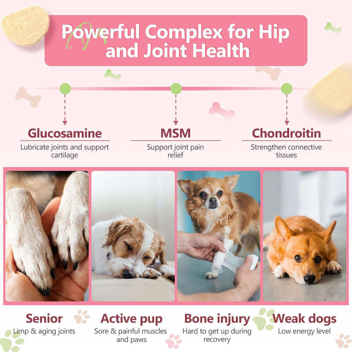 Glucosamine for Dogs, Joint Supplement for Dogs, Chondroitin, MSM, Hemp, Turmeric, Omega 3 for Pain Relief & Skin Health, Dog Hip and Joint Supplement with Calcium Support Bones Health, 120 Chews