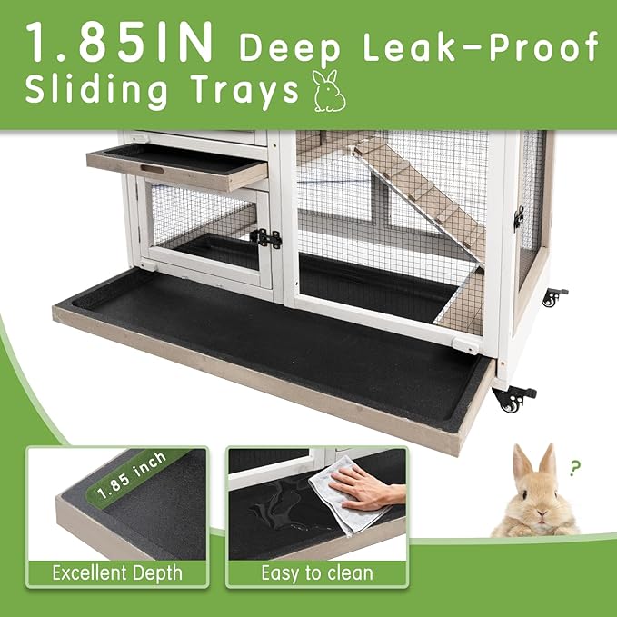 Rabbit Hutch Indoor Outdoor Wooden Bunny Cage with Wheels Removable Two Trays Guinea Pig Cages Waterproof Roof