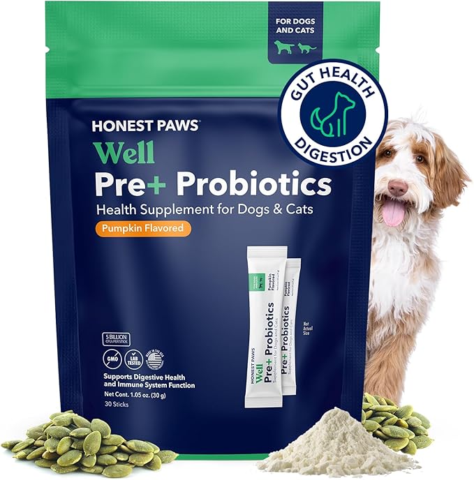Honest Paws Probiotics for Dogs - Dog Digestion Gut Health Probiotic Powder with Prebiotic Made in The USA, Digestive and Immune Support - Digestive Enzymes with Pumpkin Flavor (30 Sticks)
