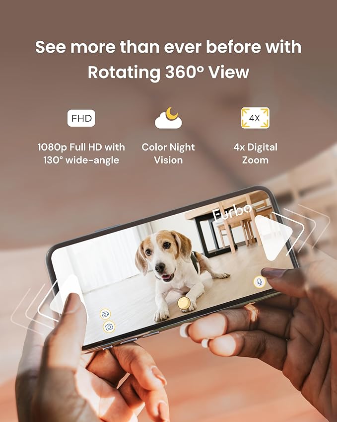 Furbo 360° Dog Camera: Pet Security Cam w/Barking Alerts, Rotating View, Treat Toss w/Phone App, Smart Home Puppy Monitoring, 2-Way Speaker, No Subscription Needed. Standard See, Talk, & Toss Features