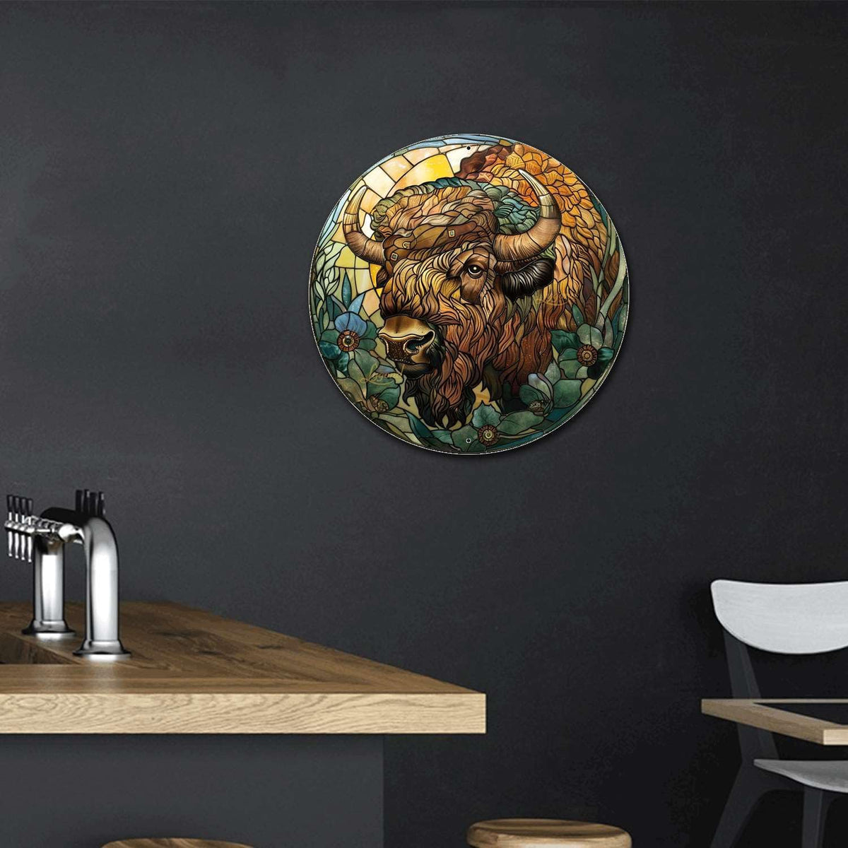 Lygond Aluminum Circular Metal Sign American Bison 12x12 Inches Rustic Modern Style for Office, Garage, Lawn, Parking, Bedroom, Entrance