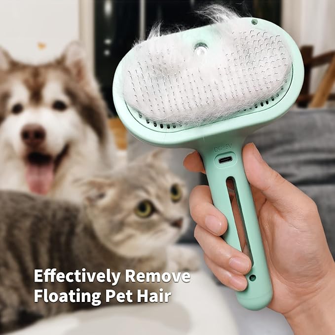 Cat Steam Brush for Shedding, 3 In 1 Steam Pet Brush Self Cleaning, Dog Brush for Long and Short Hair Dogs and Cats, Pet Grooming Comb Remove Tangled Loose Hair, Type-C Fast Charging (Green)