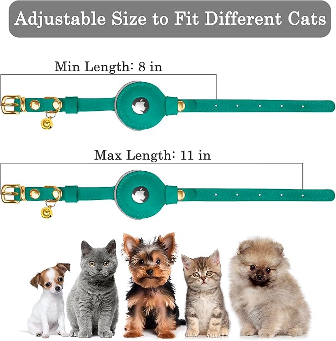 OOPSDOGGY Reflective Leather AirTag Cat Collar with Bell - Non Breakaway Adjustable Pet Collar with Apple Air Tag Holder - Lightweight GPS Kitten Collars for Small Dogs Puppy (Teal)