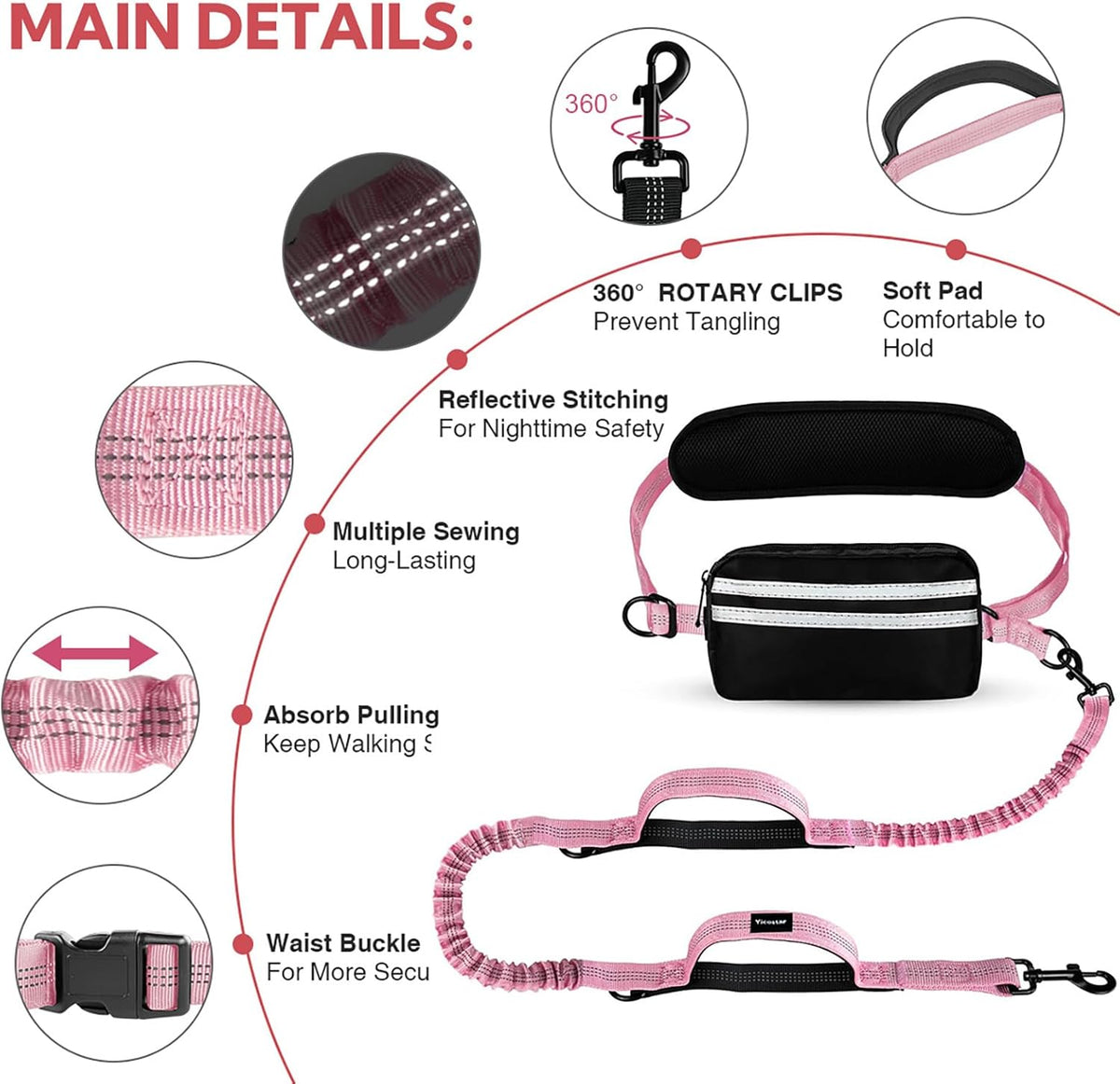 Hands Free Dog Leash, Adjustable Waist Belt with Double Padded Handles, Retractable Bungee for Medium & Large Dogs, Waist Leash for Dog Walking, Running, No Pull, Pink