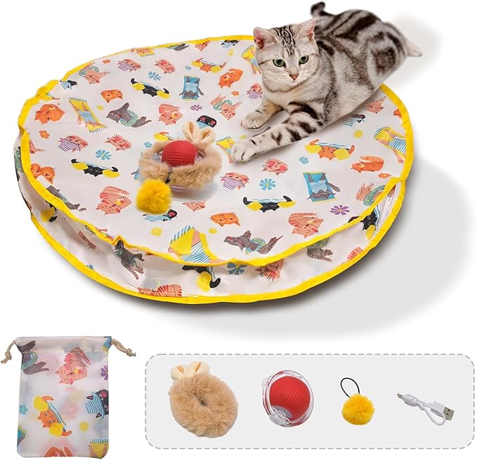 28-Inch Automatic Cat Toys Cat Play Mat with Motion-Activated Rolling Ball–Interactive Hide-and-Seek Cat Toy for Indoor Cats’ Exercise