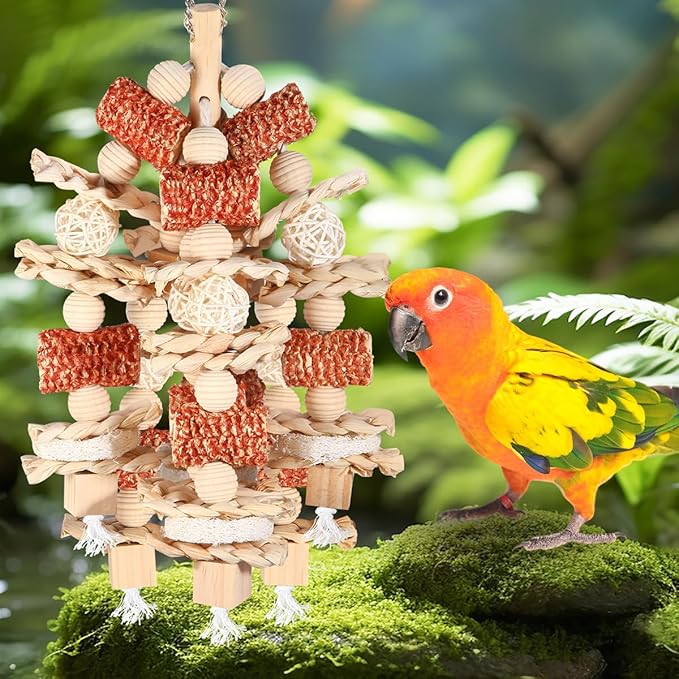 Bird Toys - Natural Corn Cob and Loofah Slices for Large Parrots, Like African Grey, Macaws, Cockatoos and Amazon Parrot - Wooden