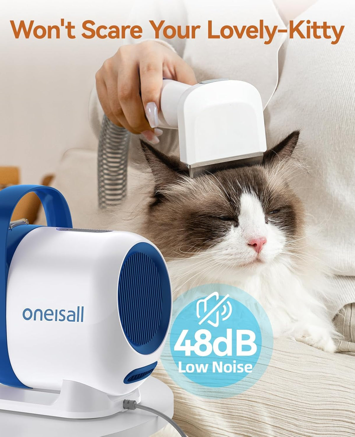 oneisall Cat Vacuum Groomer Quiet, Pet Vacuum Grooming Kit with Clipper Paw Trimmer & Brush, 1.5L Large Dust Cup Pet Vacuum for Shedding, Trimming & Home Cleaning