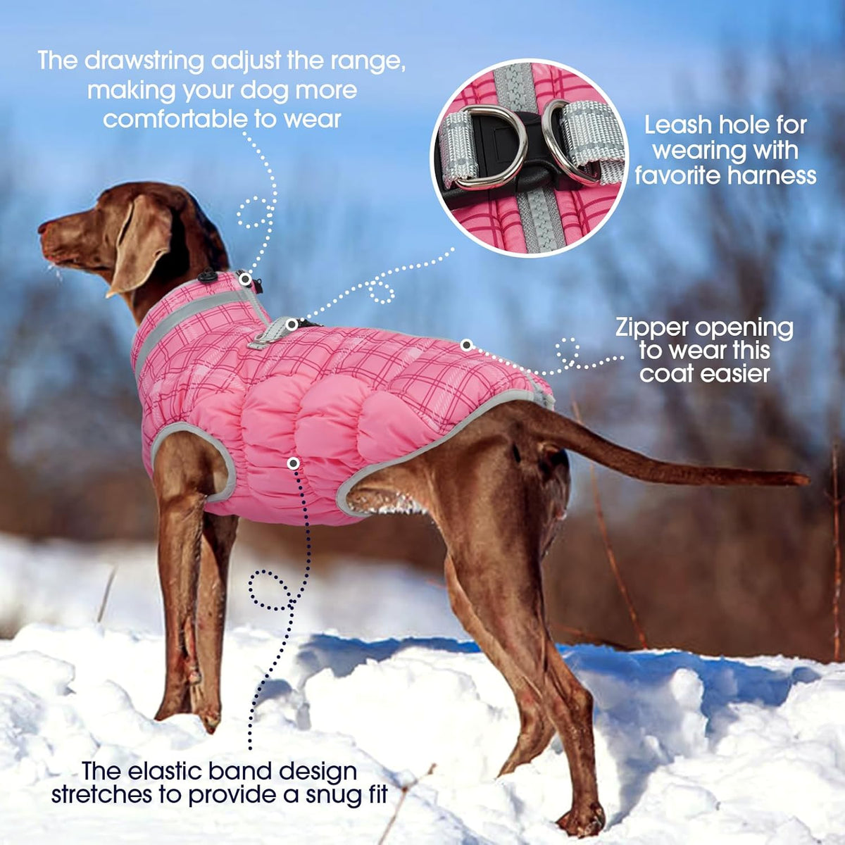 FUAMEY Dog Coat for Large Dogs,Waterproof Dog Winter Jacket with Harness Built in Puppy Cold Weather Coats Reflective Pet Vest with Zipper Warm Fleece Dogs Snowsuit Windproof Rose Plaid 2XL